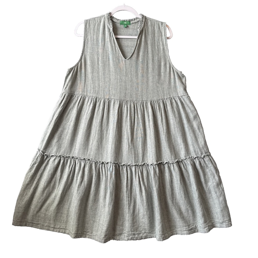 Coastal Boho Sage Green Linen Blend Dress Striped Tiered Sleeveless XL Cottage